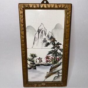 Framed Vintage Porcelain Tiles w/ Asian Water Mountain Design STAMPED SIGNED